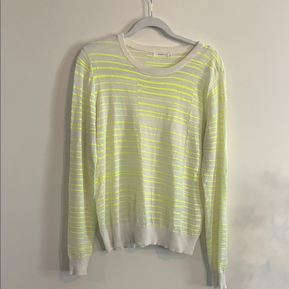A.L.C. Neon Stripe Sweater Yellow Alpaca Cotton Lightweight Casual L‎ Bright